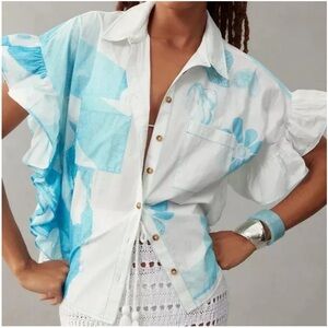 Anthropologie Anne Guest Cyanotype Ruffle-Sleeve Buttondown Blouse Large